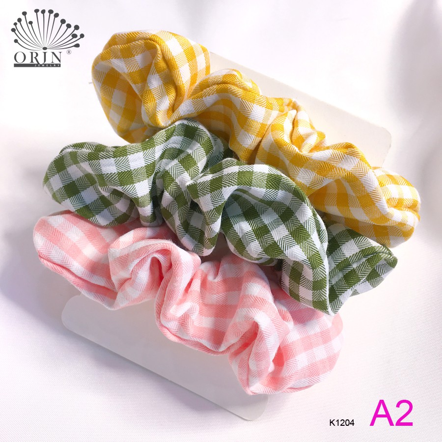Set 3 dây buộc tóc, cột tóc vải scrunchies caro thời trang Orin K1204