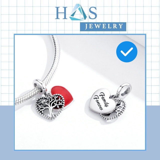 Charm bạc H.A.S hình trái tim đỏ cây và cây gia đình - Hạt charm bạc thời trang