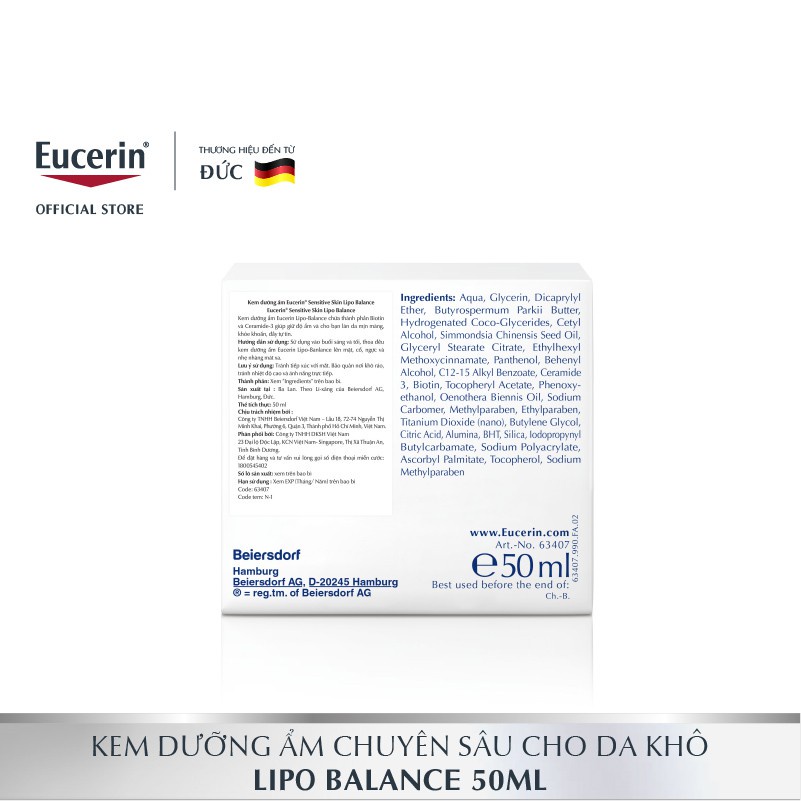 Kem Dưỡng Ẩm Eucerin Dành Cho Da Khô Và Da Nhạy Cảm Lipo Balance