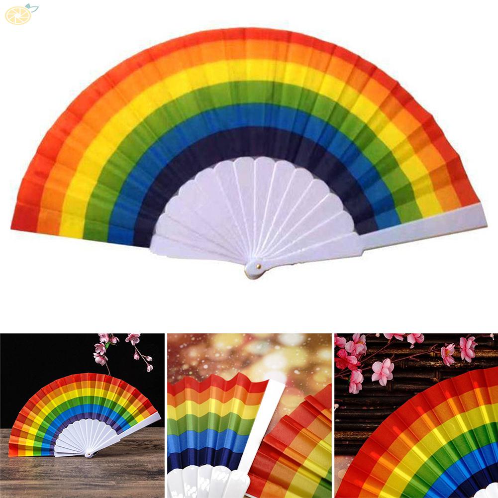 【VARSTR】Rainbow Folding Fan Rainbow Print Hand Held Fan White Base Pride Fan Fold