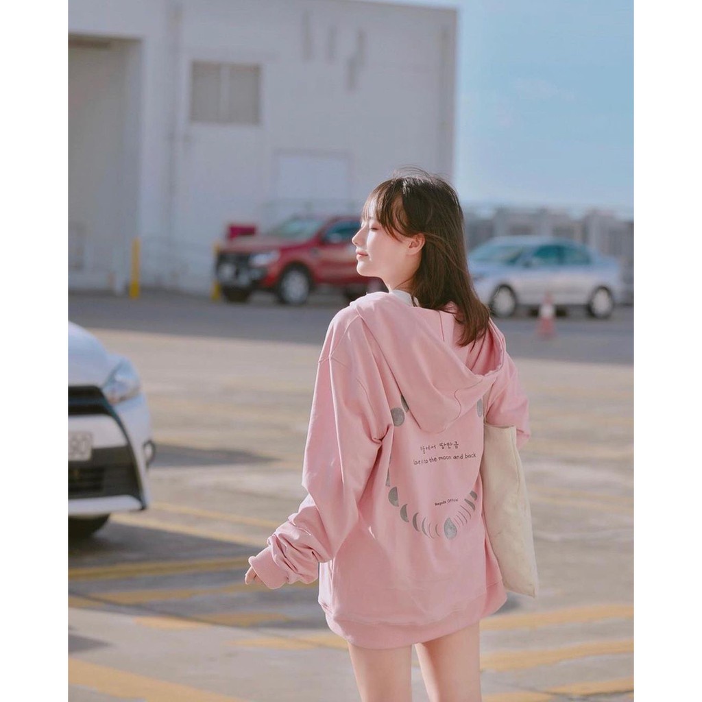 ÁO KHOÁC HOODIE Love You To The Moon REGODS - ÁO HOODIE mặt trăng chữ Hàn ĐEN HỒNG
