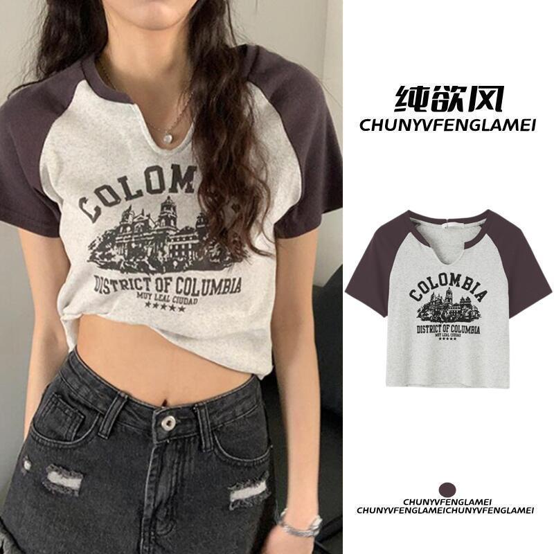 Áo Thun Tay Ngắn Cổ Chữ V In Họa Tiết Phong Cách Hàn Quốc Cổ Điển Cho Nữ NZ-TX-382