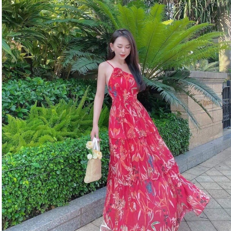 Đầm maxi đi biển di dạo hoa xanh lệch kèm ảnh thật