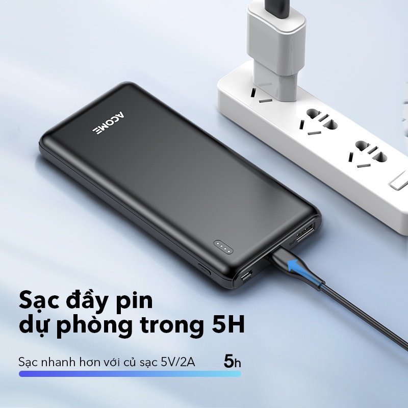 Pin sạc dự phòng 10.000mAh ACOME AP108, hai cổng hỗ trợ sạc nhiều thiết bị, 9 lớp bảo vệ an toàn, bảo hành 12 tháng