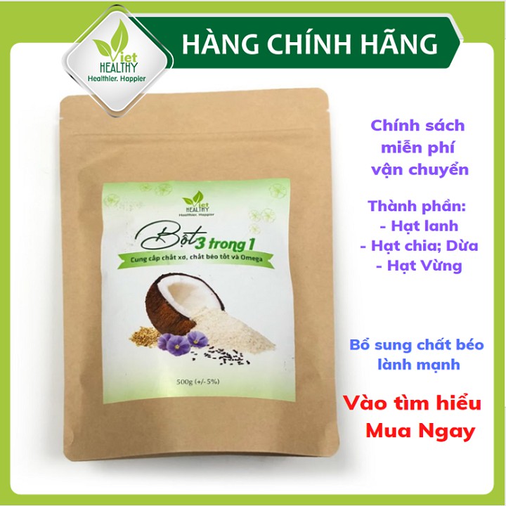 Bột 3 trong 1 Viet Healthy, thành phần: Hạt lanh, hạt chia, Dừa, Hạt Vừng, tác dụng ổn định huyết áp, tim mạch