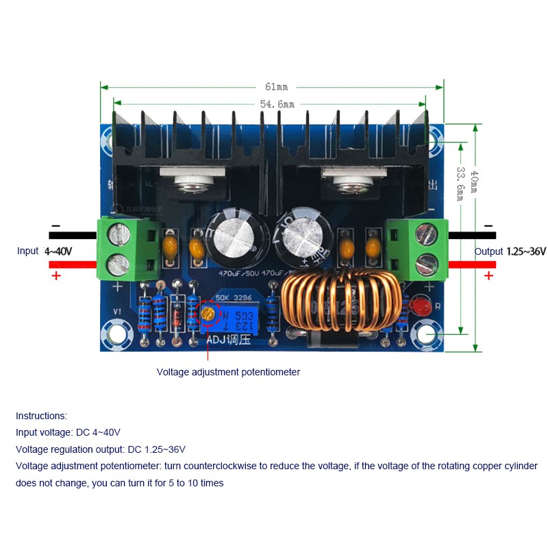 Mô-đun cấp nguồn bước xuống XH-M400 DC4-40V đến DC1.25-36V 8A 200W có thể điều chỉnh XL4016E1 Mô-đun khóa điều chỉnh điện áp DC-DC DC4-40V XH-M400 8A Mô-đun bước xuống XL4016E1 Bộ điều chỉnh điện áp DC-DC công suất cao với bộ ổn định điện áp