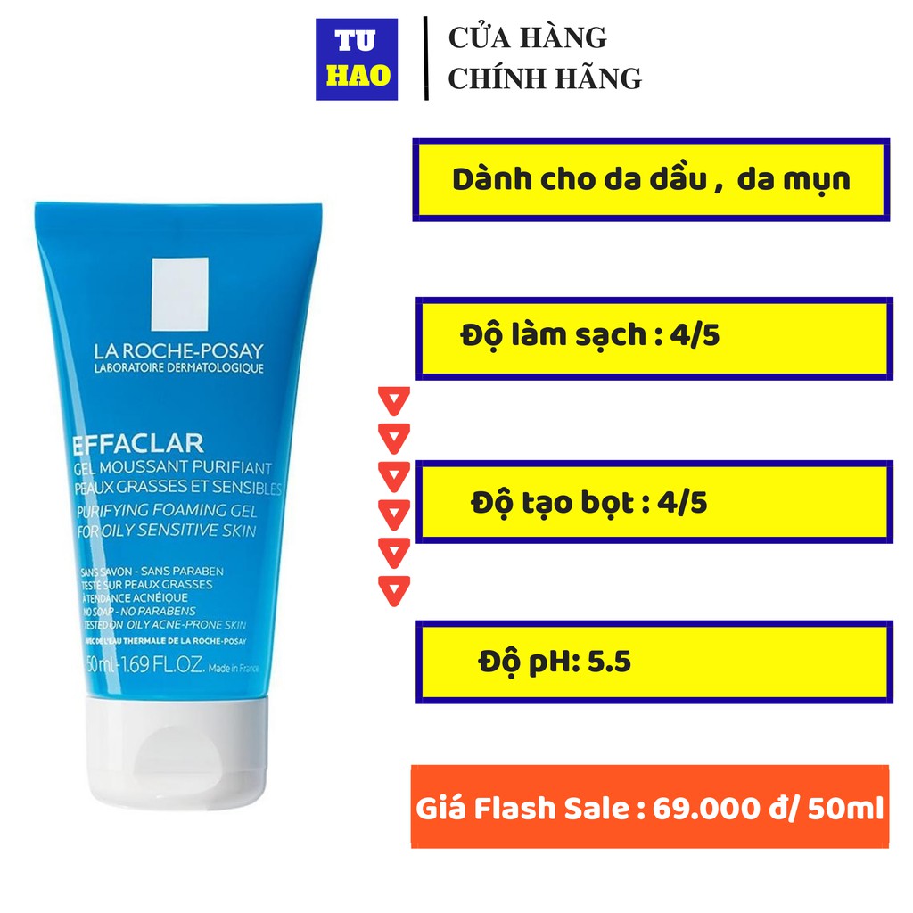 [Mã FMCG8 - 8% đơn 250K] Gel rửa mặt tạo bọt làm sạch dành cho da dầu nhạy cảm La Roche-Posay Effaclar Foaming Gel 50ml