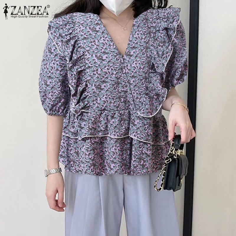 Áo kiểu ZANZEA tay phồng cổ chữ V in họa tiết thời trang cho nữ