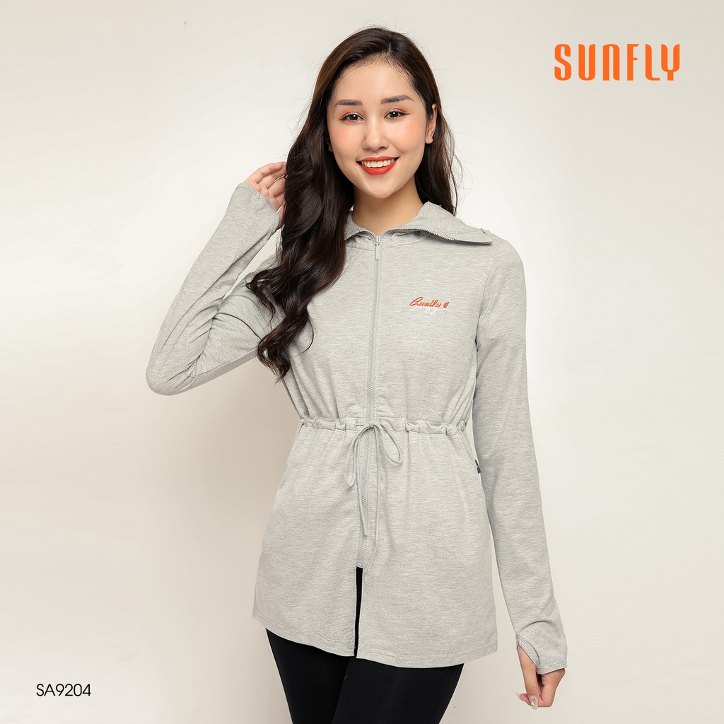 Áo chống nắng cotton Sunfly dáng dài kéo khóa có mũ, cản tia UV SA9204