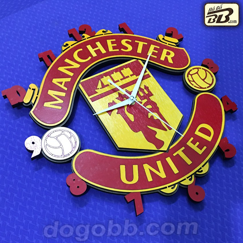 [Giảm giá thần tốc] 40cm Đồng Hồ MU Bóng Đá Logo Clb Manchester United Treo Tường Gỗ Bền Rẻ Đẹp Bản Màu Đỏ Vàng - Đồ Gỗ