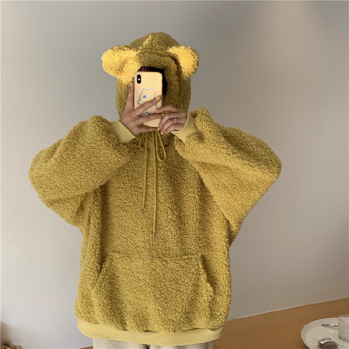 (ảnh thật, Full size) áo hoodie nỉ lót bông xù nữ tai gấu dễ thương ulzzang