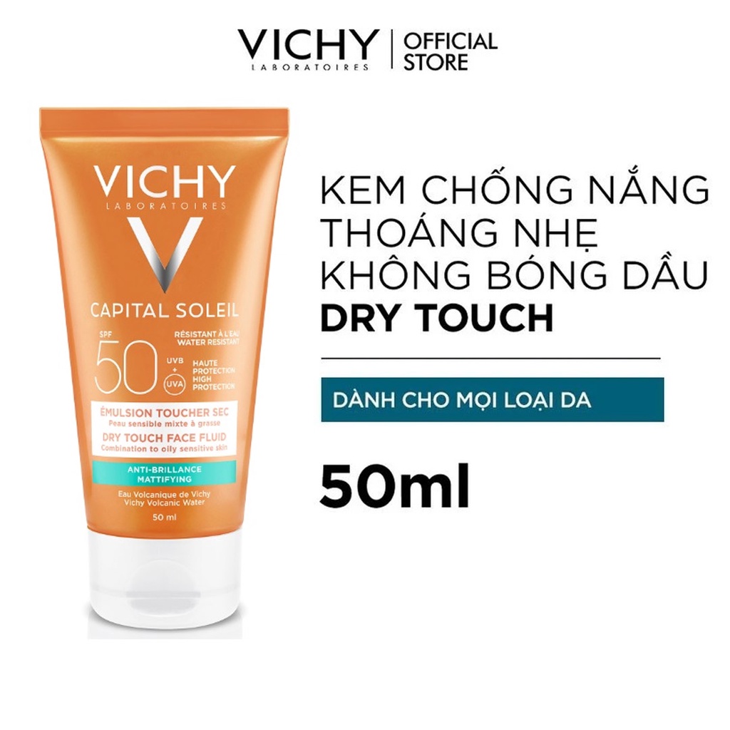 Kem chống nắng VICHY IDEAL SOLEIL DRY TOUCH không màu không gây nhờn rít (50ml) #Pvy Beauty