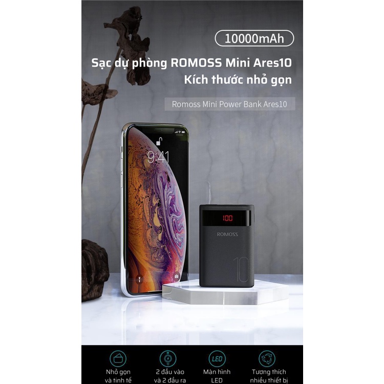Pin dự phòng 10000mAh, Romoss Ares 10, 2 cổng Input, Màn hình LED, Sạc nhanh 2.1A, nhỏ gọn,bảo hành 12 tháng