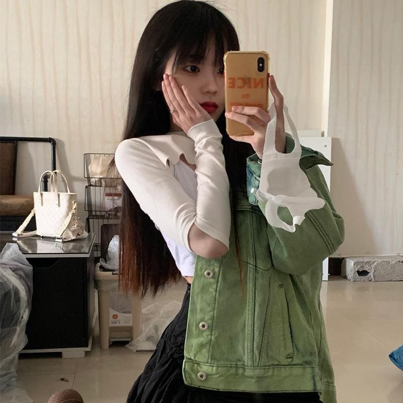 Áo khoác nữ ulzzang chất denim tone màu xanh lá có size phong cách Hàn Quốc