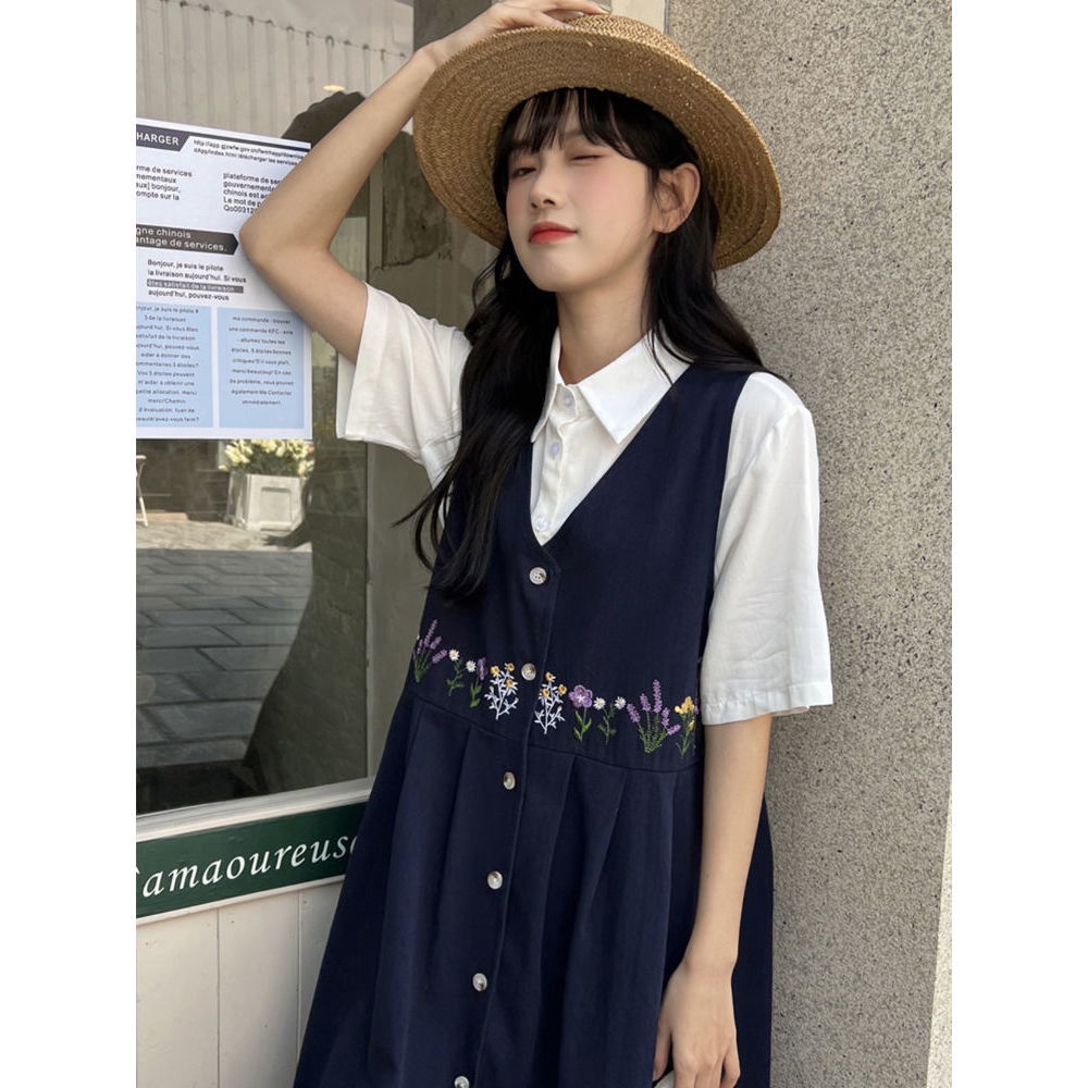 Đầm Ngắn Tay Cổ Chữ V Thêu Họa Tiết Phong Cách Hàn Quốc Cho Nữ