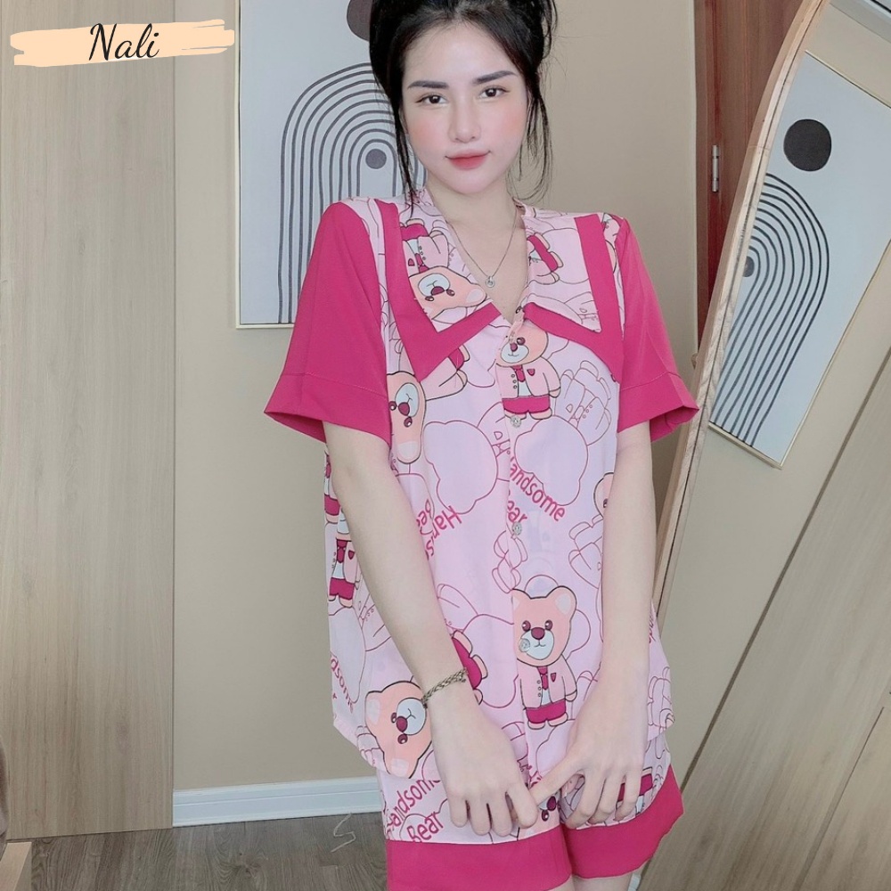 Bộ pijama nữ cộc tay quần đùi chất liệu lụa mango cao cấp, bộ đồ ngủ nữ cổ nhọn hoạ tiết hoạt hình dễ thương CC12