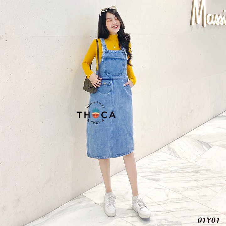 Yếm váy jeans nữ dáng dài túi nấp trước THOCA HOUSE ulzzang chuẩn style Hàn Quốc dễ phối đồ, trẻ trung, năng động