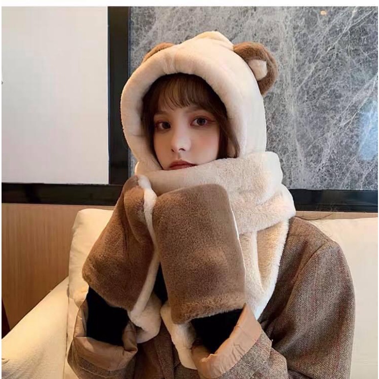 S91228  Mũ gấu liền khăn và găng tay giữ ấm nữ cao cấp mùa đông hàng nhập