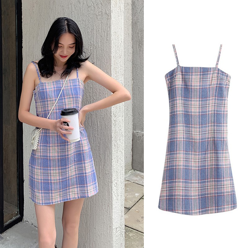 Đầm hai dây kẻ sọc ca rô thời trang Hàn Quốc quyến rũ cho nữ