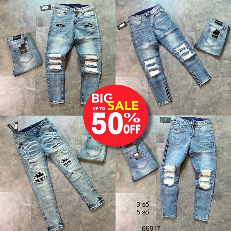 Quần jean vá da nhăn phối khoá,quần jean miken vá nhăn phối khoá zip