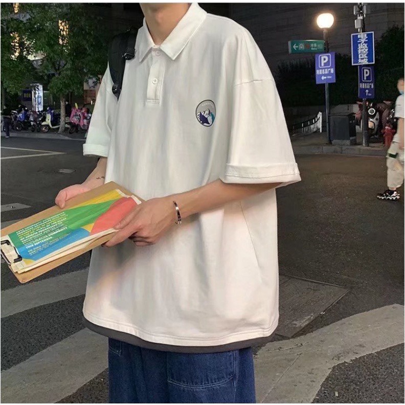 Áo polo tay lỡ,áo thun tay lỡ hình in núi trước ngực phong cách unisex nam nữ mặc cực chất.