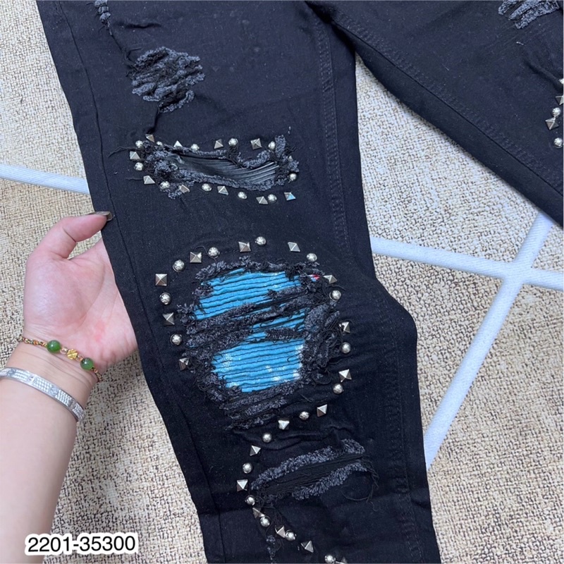Quần Jean Nam Cao Cấp AMR Đính Đinh - Quần Bò Nam Vá Da Cực Hot