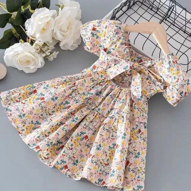 Váy xoè hoa nhí thắt nơ ở lưng nhiều màu cho bé gái