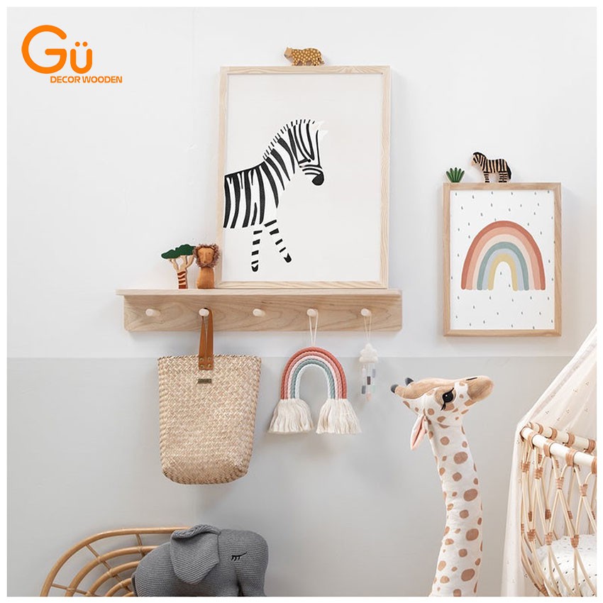 Móc Gỗ Gắn Tường - Kệ Gỗ Treo Tường Kèm Móc Trang Trí Nhà Cửa GU DECOR WOODEN