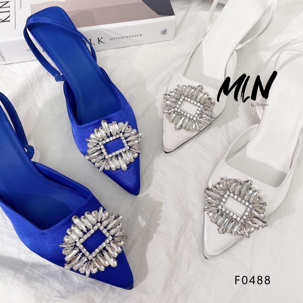 GIÀY CAO GÓT NỮ SLINGBACK GÓT NHỌN 5P BÍT MŨI SATIN PHỐI KHÓA ĐÁ TỦA F0488
