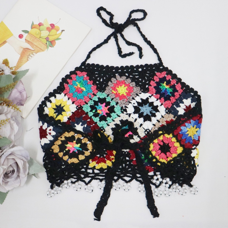 Brroa Áo Crop Top Gợi Cảm Boho Đan Móc Đính Hạt Kẻ Sọc Nhiều Màu Sắc Phối Tua Rua Cho Nữ