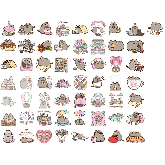 Set sticker pusheen S50I14 Set Sticker PVC chủ đề  trang trí xe mũ bảo hiểm laptop điện thoại Vali tủ nhựa