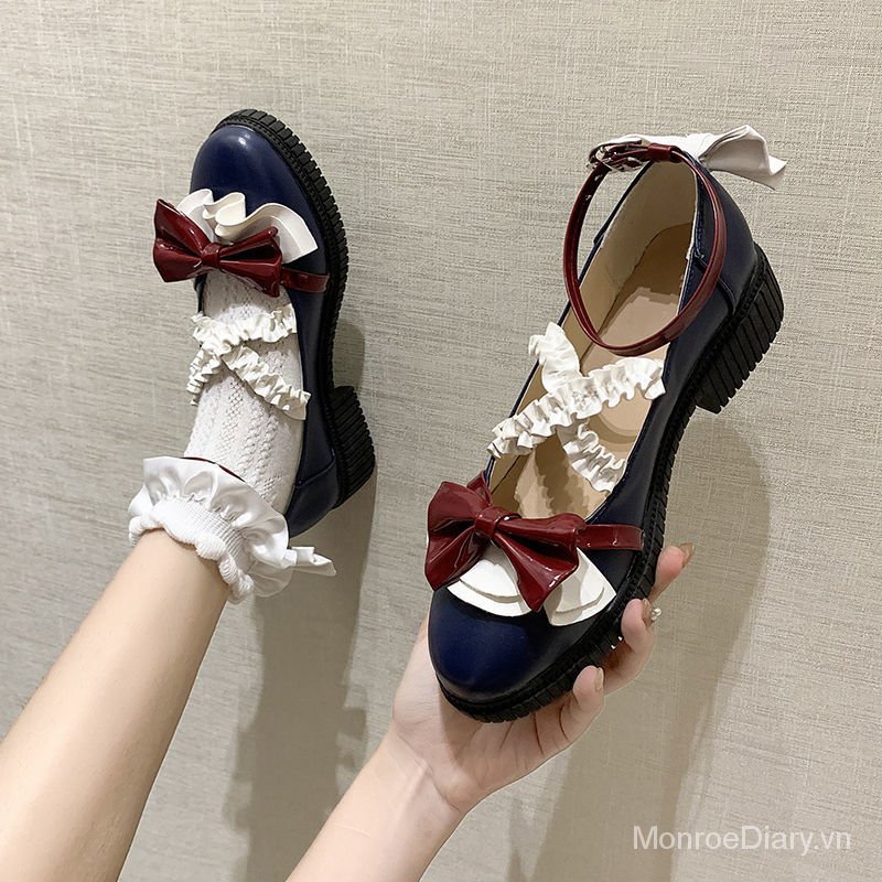 Giày da mềm mũi tròn đính nơ phong cách lolita thời trang cho nữ