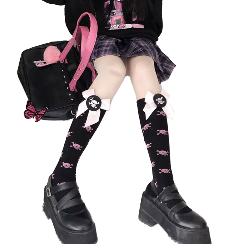 XIXI Tất Chân Cao Qua Gối In Hình Đầu Lâu Phong Cách Lolita Cho Nữ