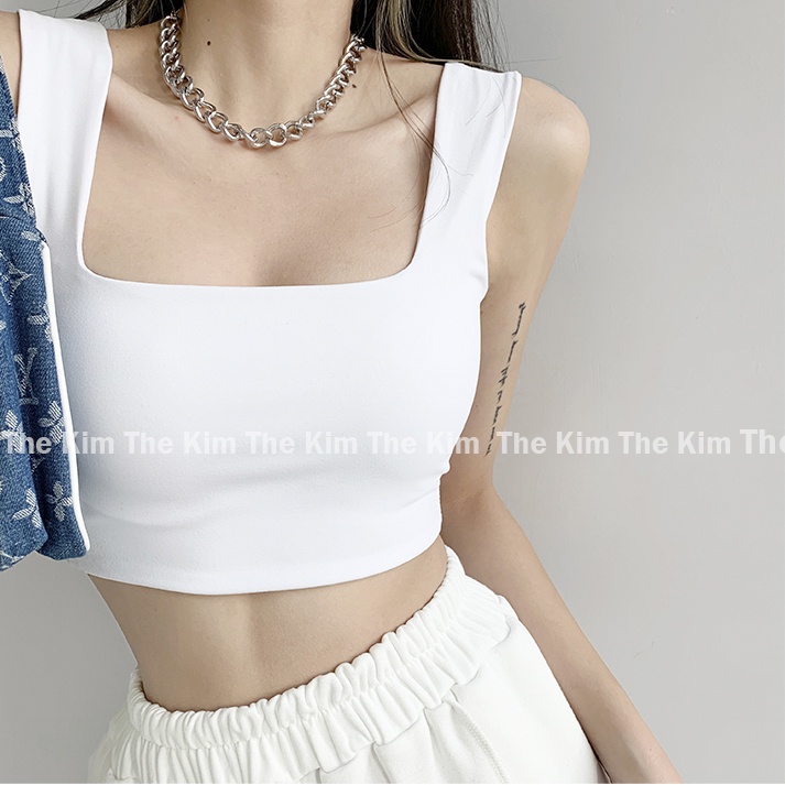 Áo thun croptop cổ vuông may 2 lớp vải cotton , 2 dây quai to dáng lửng ôm body The Kim A113