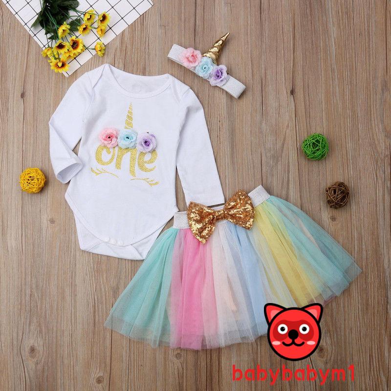 ☀Sun❤3PCS Baby Girl 1st Birthday Outfit Party Unicorn Romper Cake Smash Tutu Dress