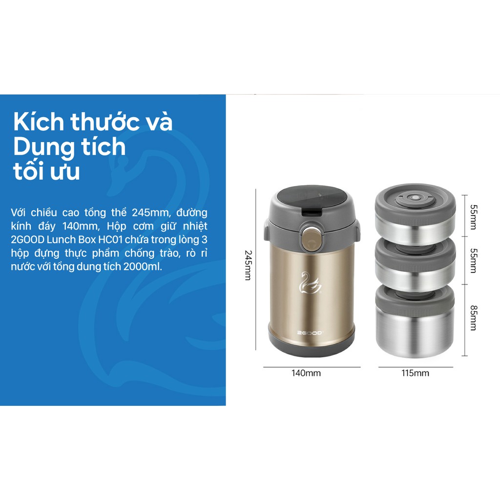 Bộ hộp cơm giữ nhiệt 2GOOD Màu Vàng  - Kèm Muỗng và Đũa Inox 304