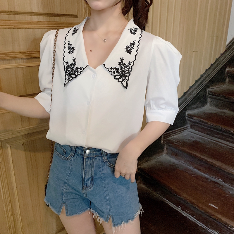 SUXI Áo tay ngắn thêu hoa phong cách vintage cho nữ