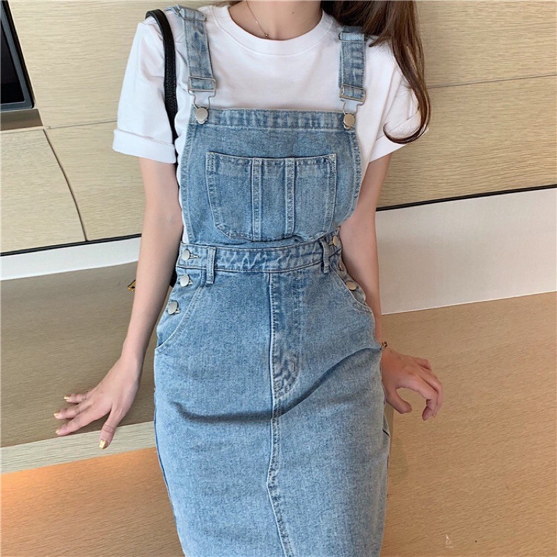 Váy yếm bò jeans ulzzang xẻ tà trước giành cho nữ