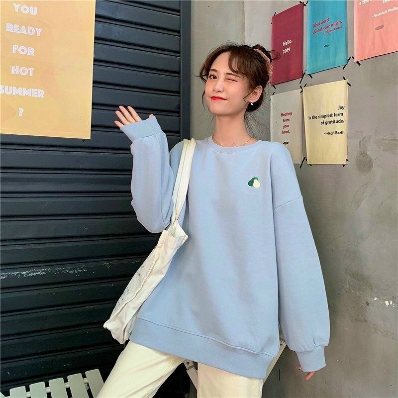 Áo Sweater Nỉ Bông Tay Dài Thêu Logo Trái Cây Siêu Cute Form Rộng Ulzzang