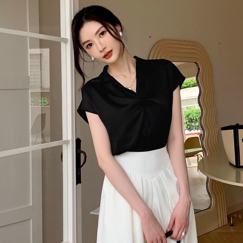 Áo xoắn ngực cổ sơ mi nhiều màu vải lụa cao cấp