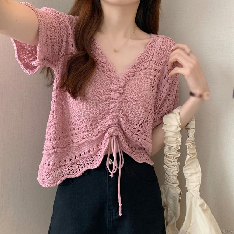 Áo Len Tay Ngắn Màu Sắc Đơn Giản Phong Cách Hàn Quốc Cho Nữ