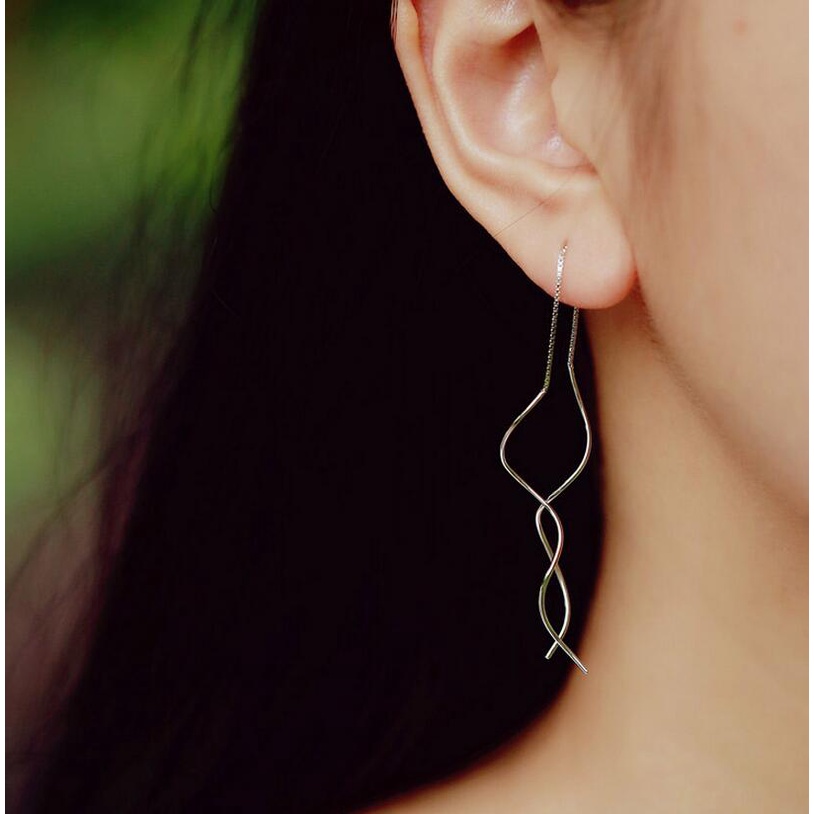 Khuyên tai mạ bạc dáng dài thiết kế đơn giản cho nữ