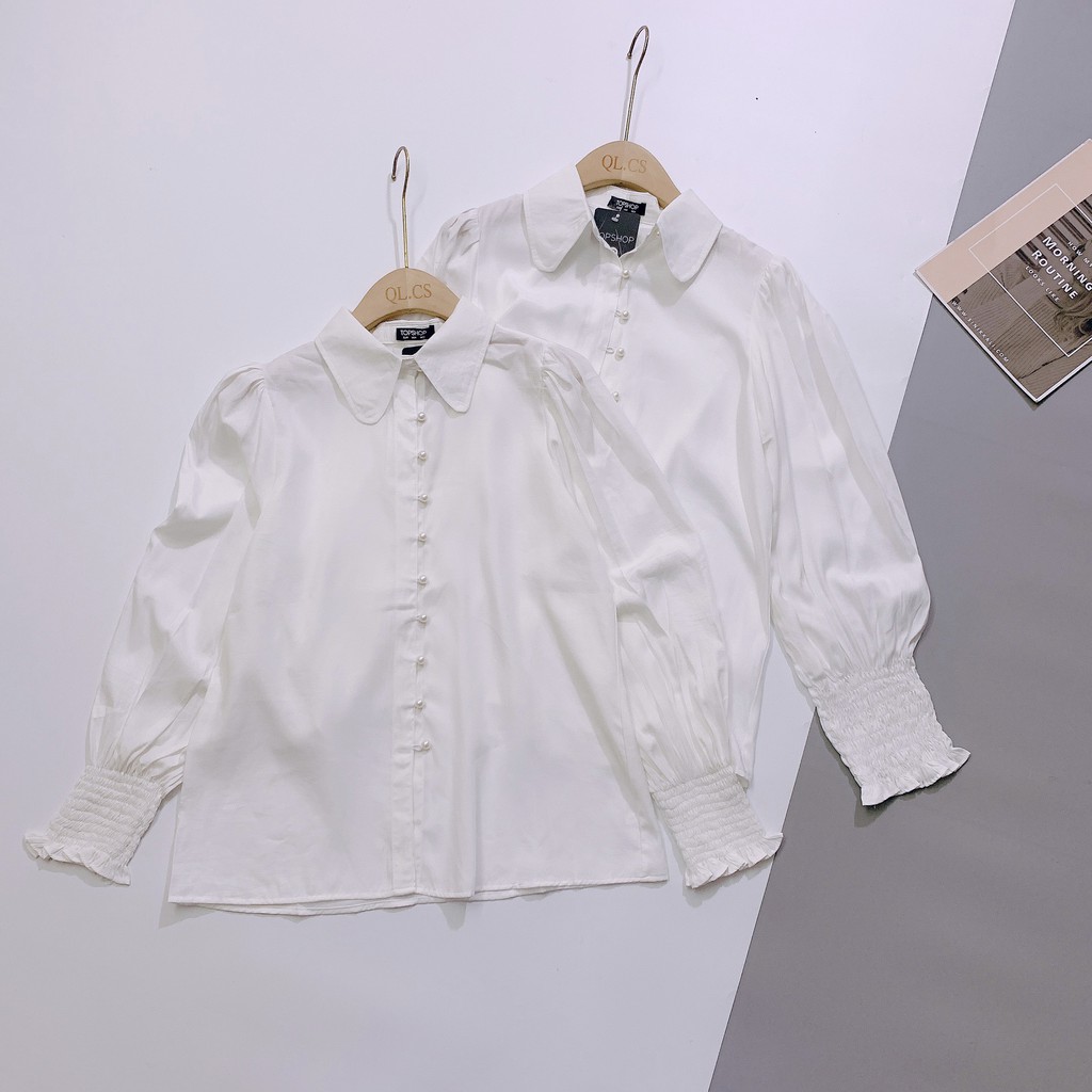 [Mã WASKT304 giảm 15% tối đa 30K đơn 99K] Áo sơ mi trắng nữ, cổ đức bo tròn, tay dài chun, cúc ngọc cực đẹp | BigBuy360 - bigbuy360.vn