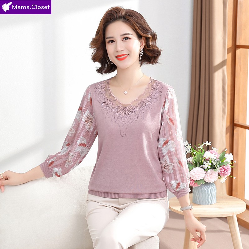 #TB7762 ÁO LEN TAY VOAN CỔ HỌA TIẾT REN THANH LỊCH DÀNH CHO PHỤ NỮ TRUNG NIÊN, QUÀ TẶNG MẸ 2021 | BigBuy360 - bigbuy360.vn