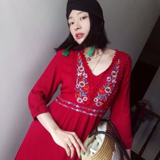 Váy boho 2 màu: đỏ, trắng