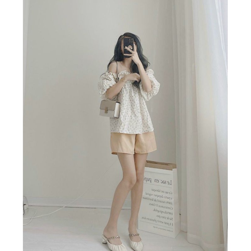 S342 Set Áo trễ vai bèo họa tiết hoa nhí tone màu nhẹ nhàng, phối quần sooc cạp chun co dãn dáng suông thoải mái