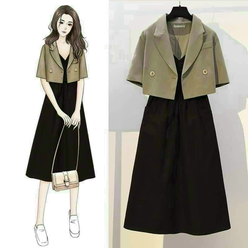 Sét 2 món áo khoác tay ngắn cổ vest kèm đầm hai dây phong cách hàn quốc