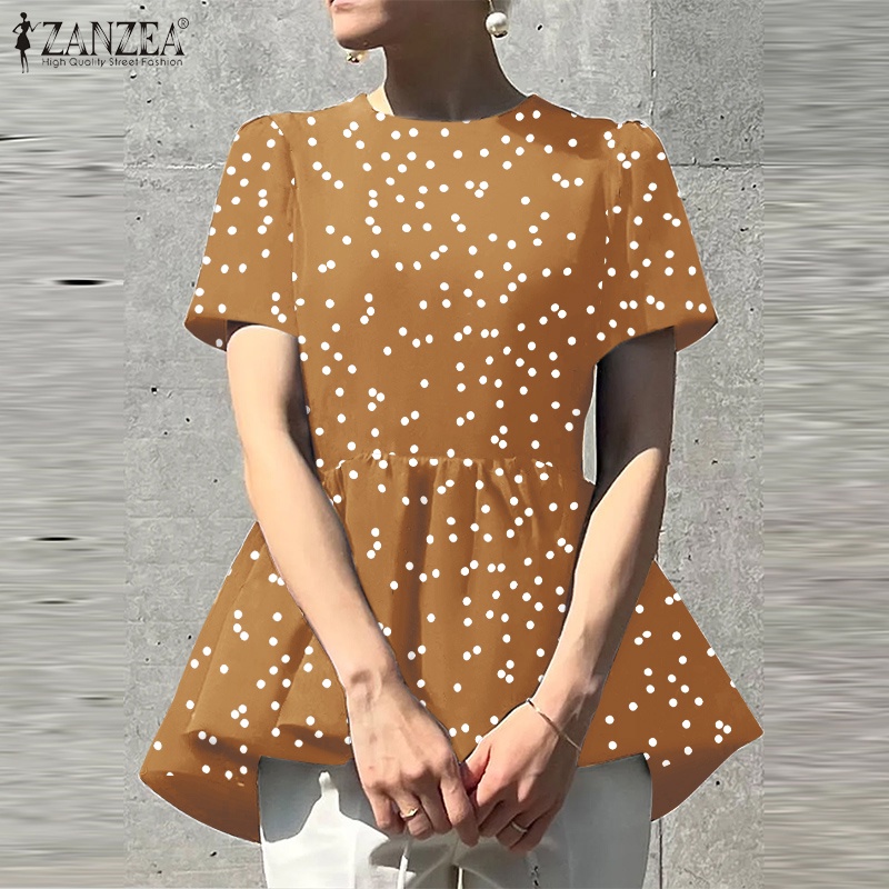 Zanzea Áo Nữ Tay Ngắn Cổ Tròn Họa Tiết Chấm Bi Phong Cách Châu Âu Thanh Lịch