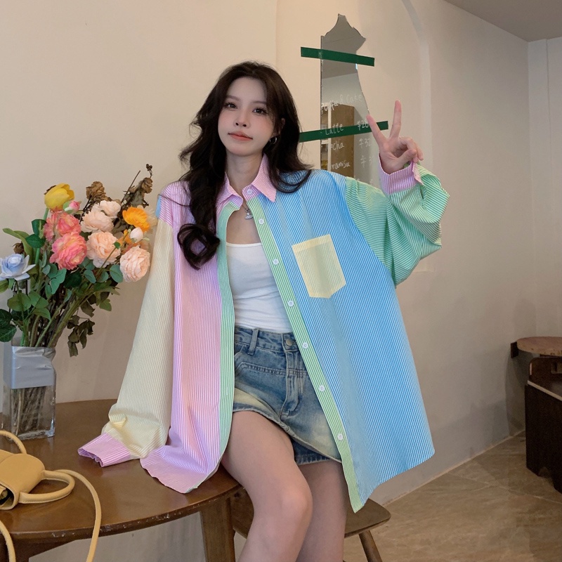 Áo sơ mi ZHELIHANGFEI thiết kế màu tương phản nổi bật thời trang dành cho nữ