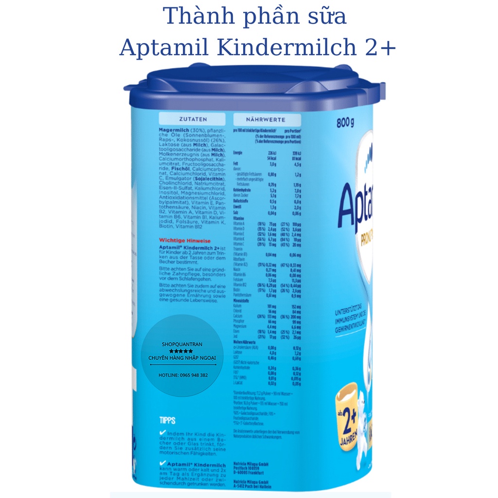 Sữa Aptamil Kindermilch Đức 1+, 2+ (Date 2023 Mẫu Mới) 800G Chính Hãng Giá Tốt